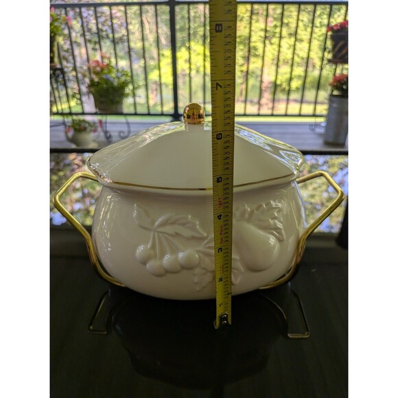 Teleflora Soup Tureen Serving Bowl Lidded Metal Rack Gold Accents Fruit Designs - Picture 5 of 12